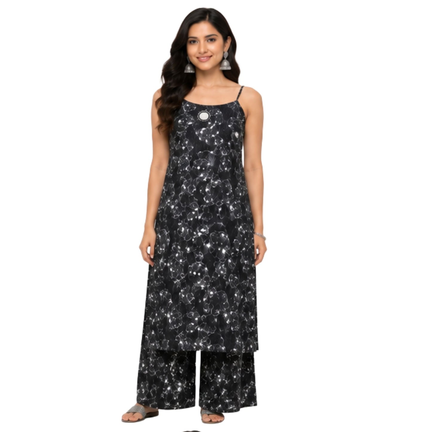 Elegant Black Floral Print Strappy Kurta Set with Wide-Leg Palazzos