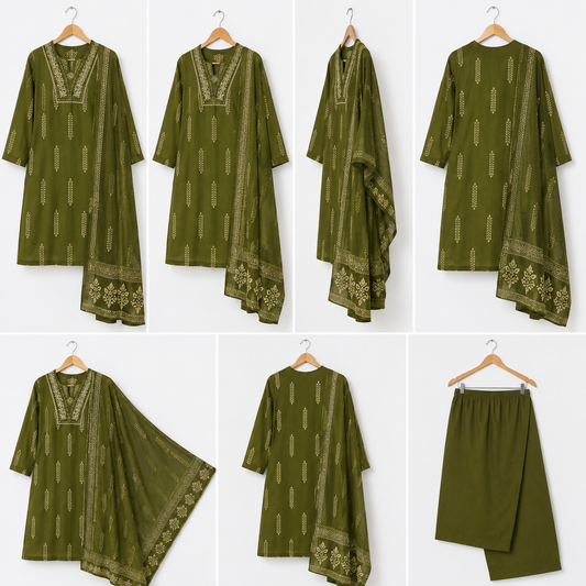 Olive Green Printed Kurta Set