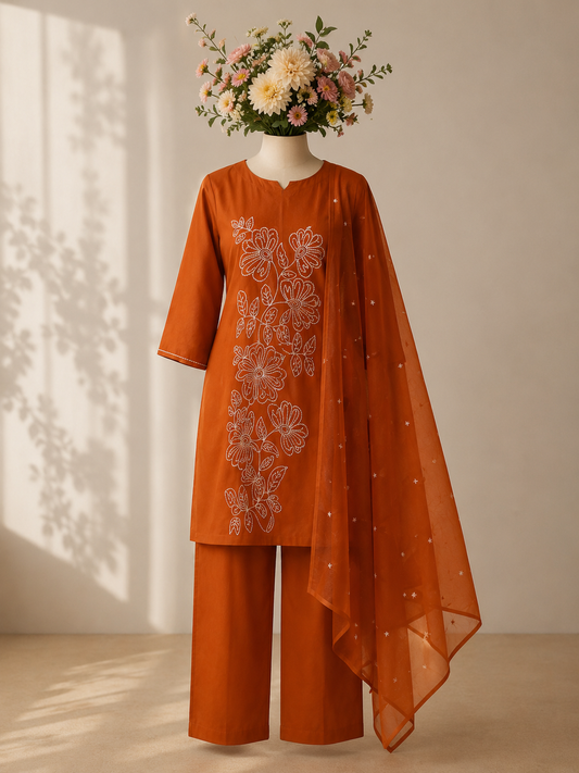 Rust Orange Floral Contour Embroidered Salwar Suit Set