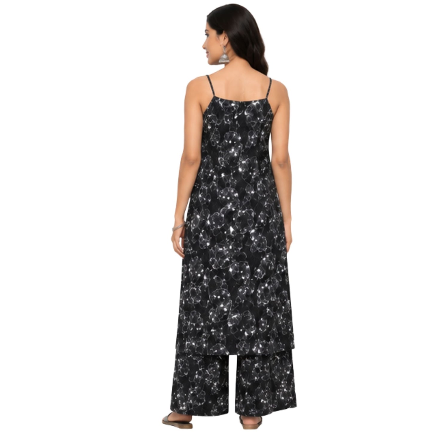 Elegant Black Floral Print Strappy Kurta Set with Wide-Leg Palazzos