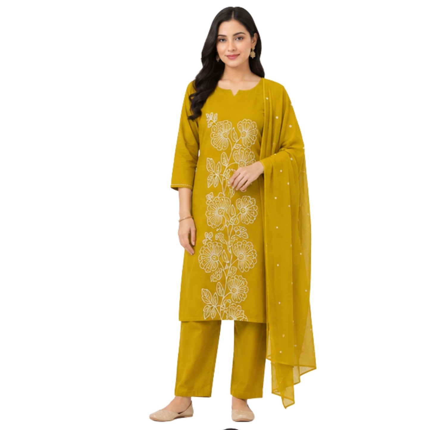 Mustard Yellow Floral Contour Embroidered kurta set