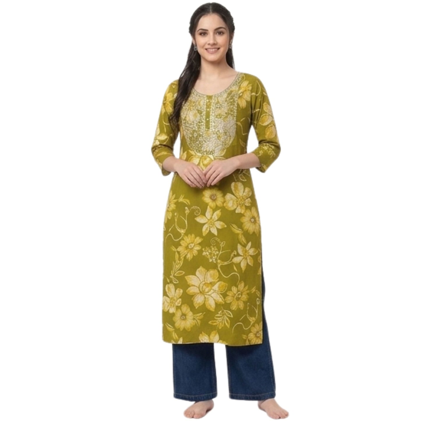 Olive Floral Printed Kurti