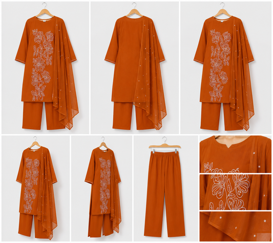 Rust Orange Floral Contour Embroidered Salwar Suit Set