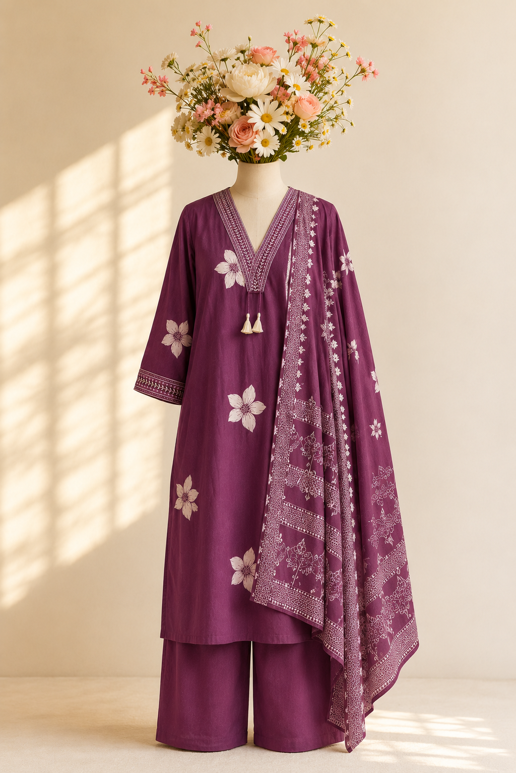 Mauve Purple Floral Printed Suit Set