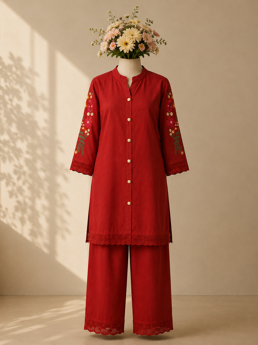 Rust Red Cotton Co-ord Set with Embroidered Sleeves