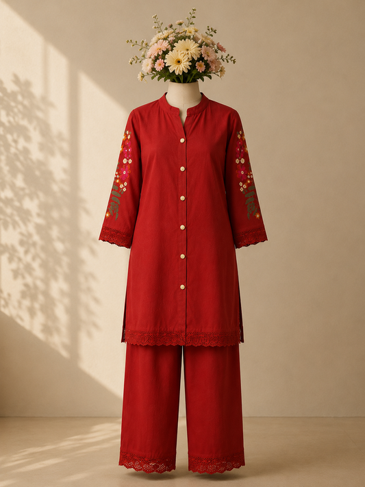 Rust Red Cotton Co-ord Set with Embroidered Sleeves
