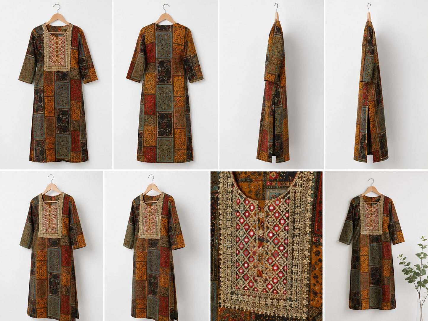 Patchwork Printed Straight Kurti with Embroidered Mirror Work Yoke