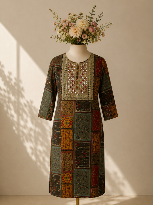 Patchwork Printed Straight Kurti with Embroidered Mirror Work Yoke