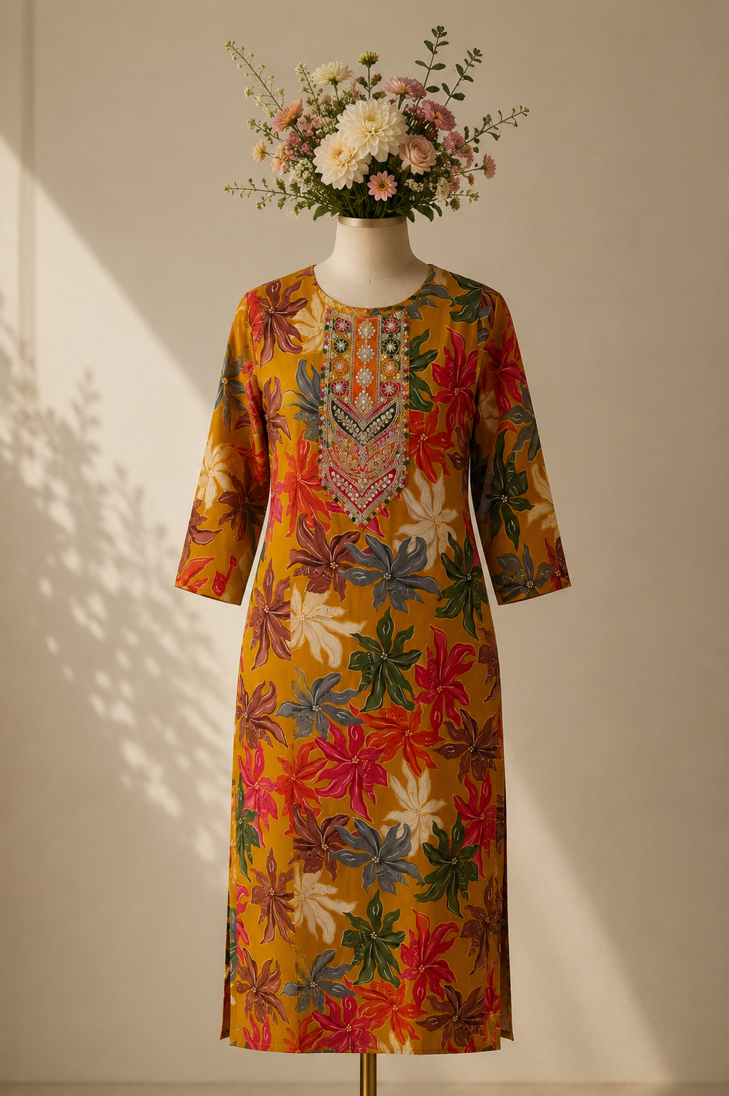 Mustard Floral Printed Straight Kurti with Embroidered Yoke