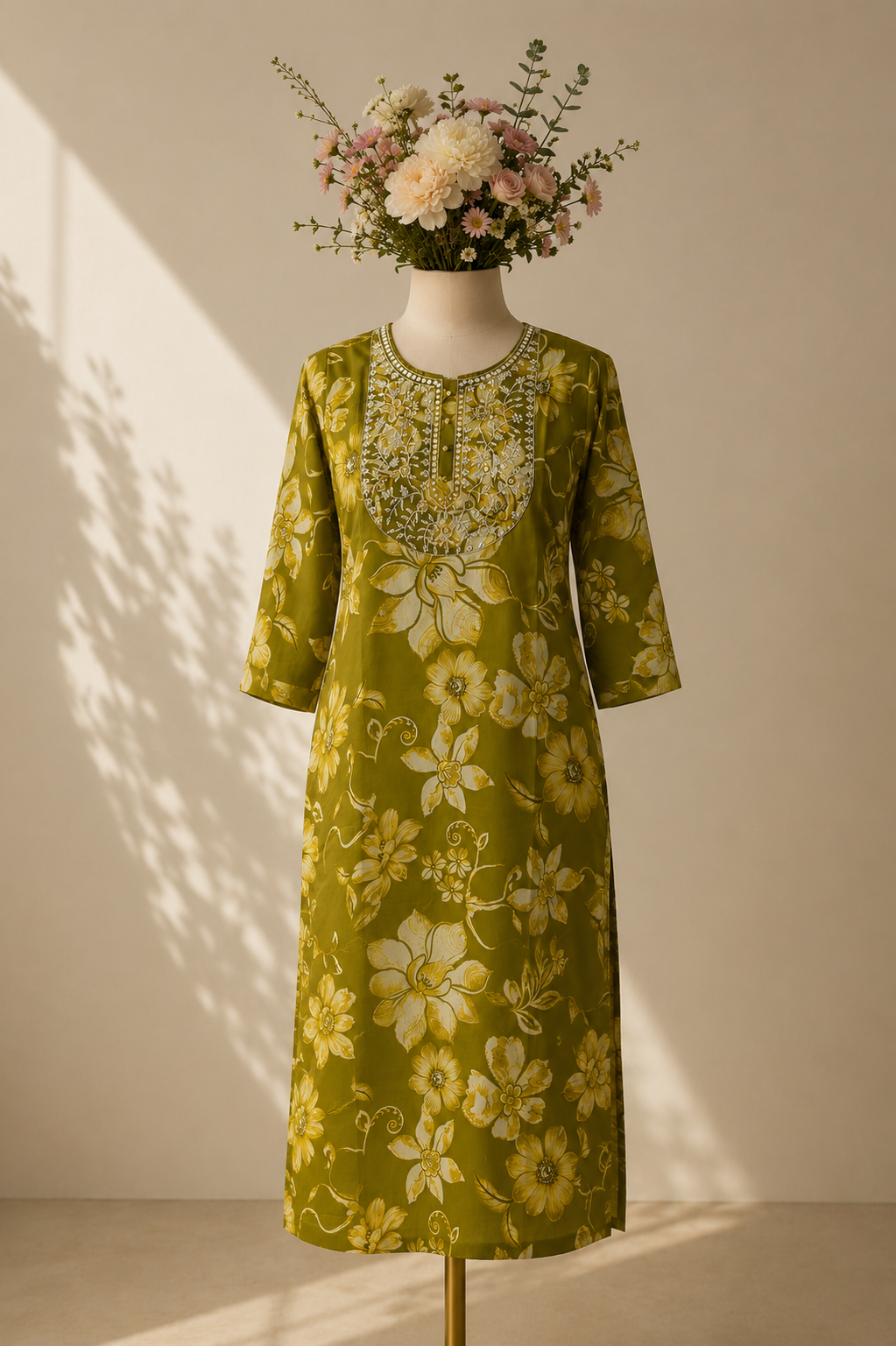 Olive Floral Printed Kurti