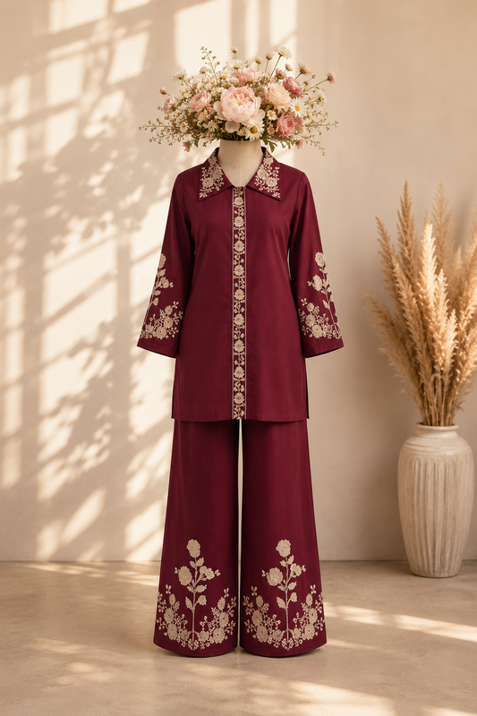 Elegant Magenta Coord Set with White Floral Embroidery