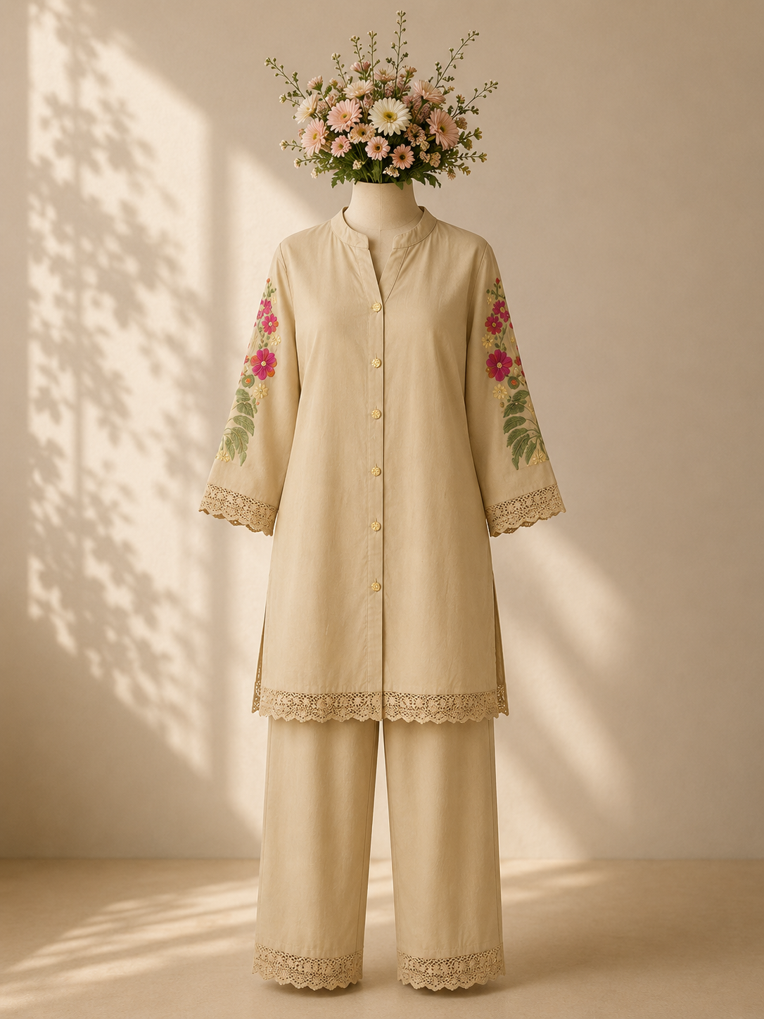 Elegant Beige Cotton Co-ord Set with Floral Embroidery and Lace Details