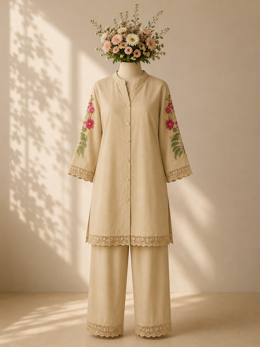 Elegant Beige Cotton Co-ord Set with Floral Embroidery and Lace Details