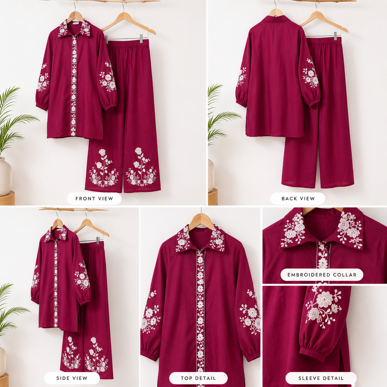 Elegant Magenta Coord Set with White Floral Embroidery