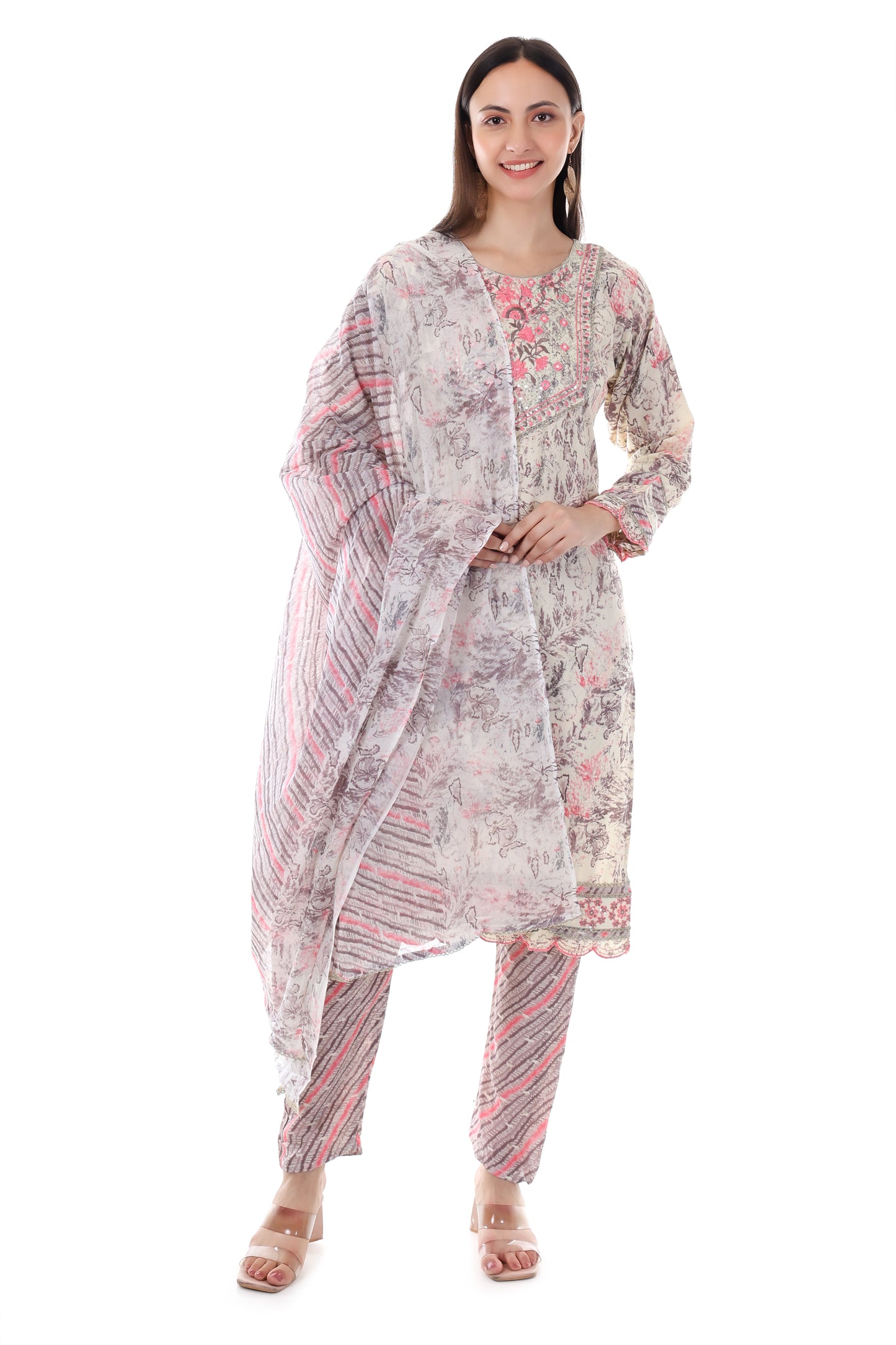 Beige printed kurta with a contrasting pants and dupatta