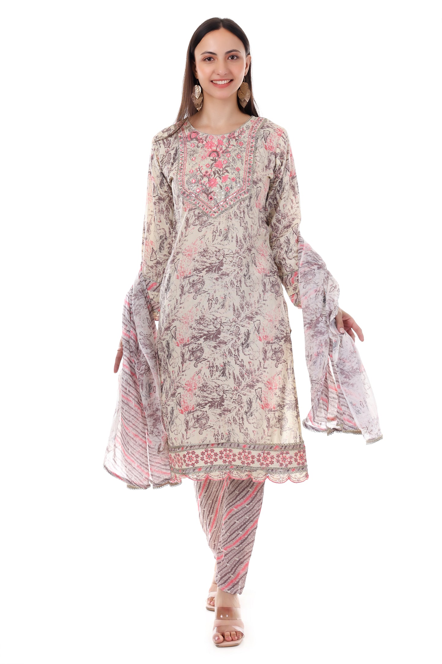 Beige printed kurta with a contrasting pants and dupatta