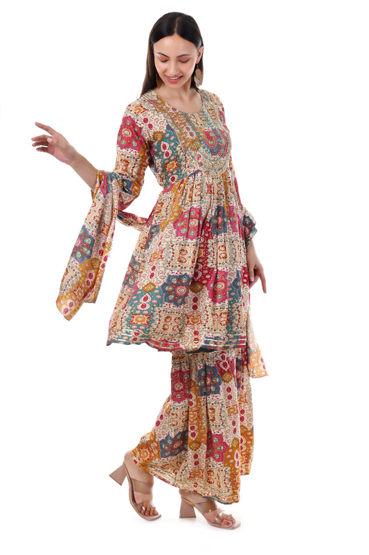 Multicolored embroidered sharara set. This set comes with a dupatta and kurta