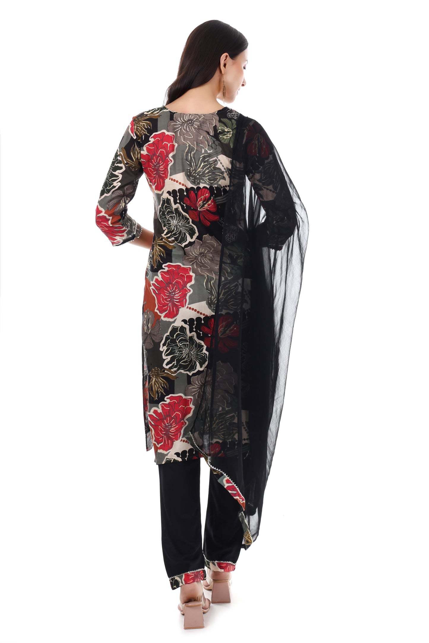 Black printed kurta with pants and georgette dupatta