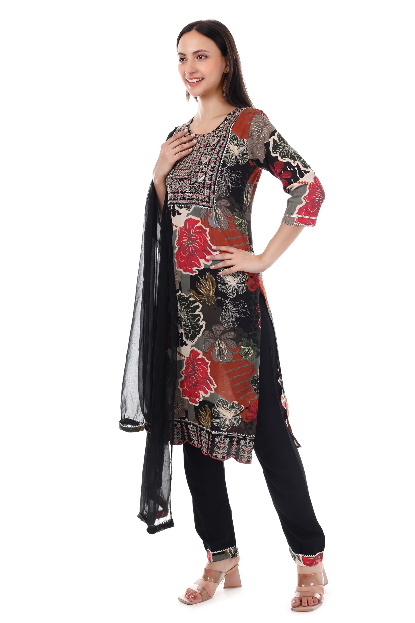 Black printed kurta with pants and georgette dupatta