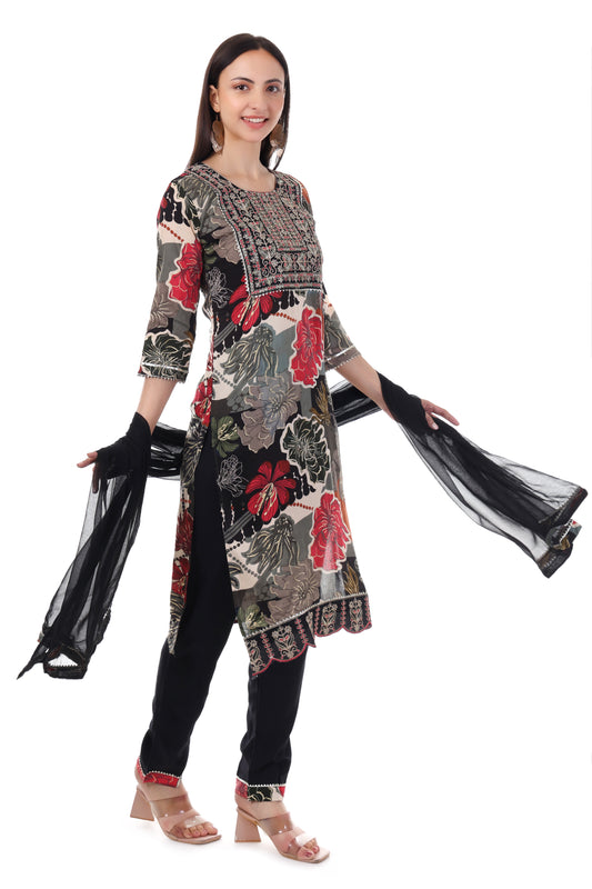 Black printed kurta with pants and georgette dupatta