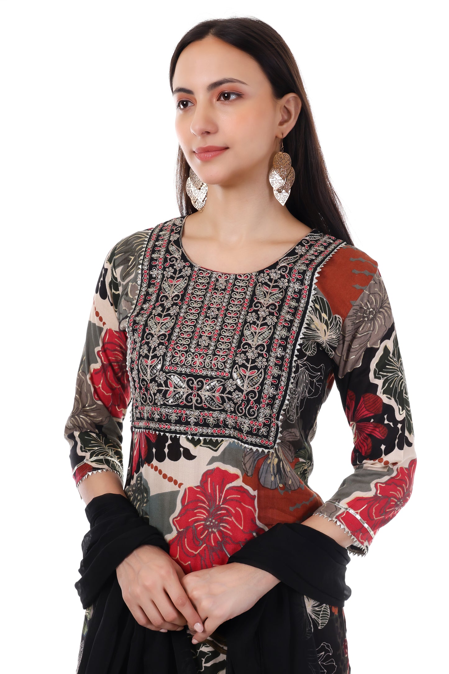 Black printed kurta with pants and georgette dupatta