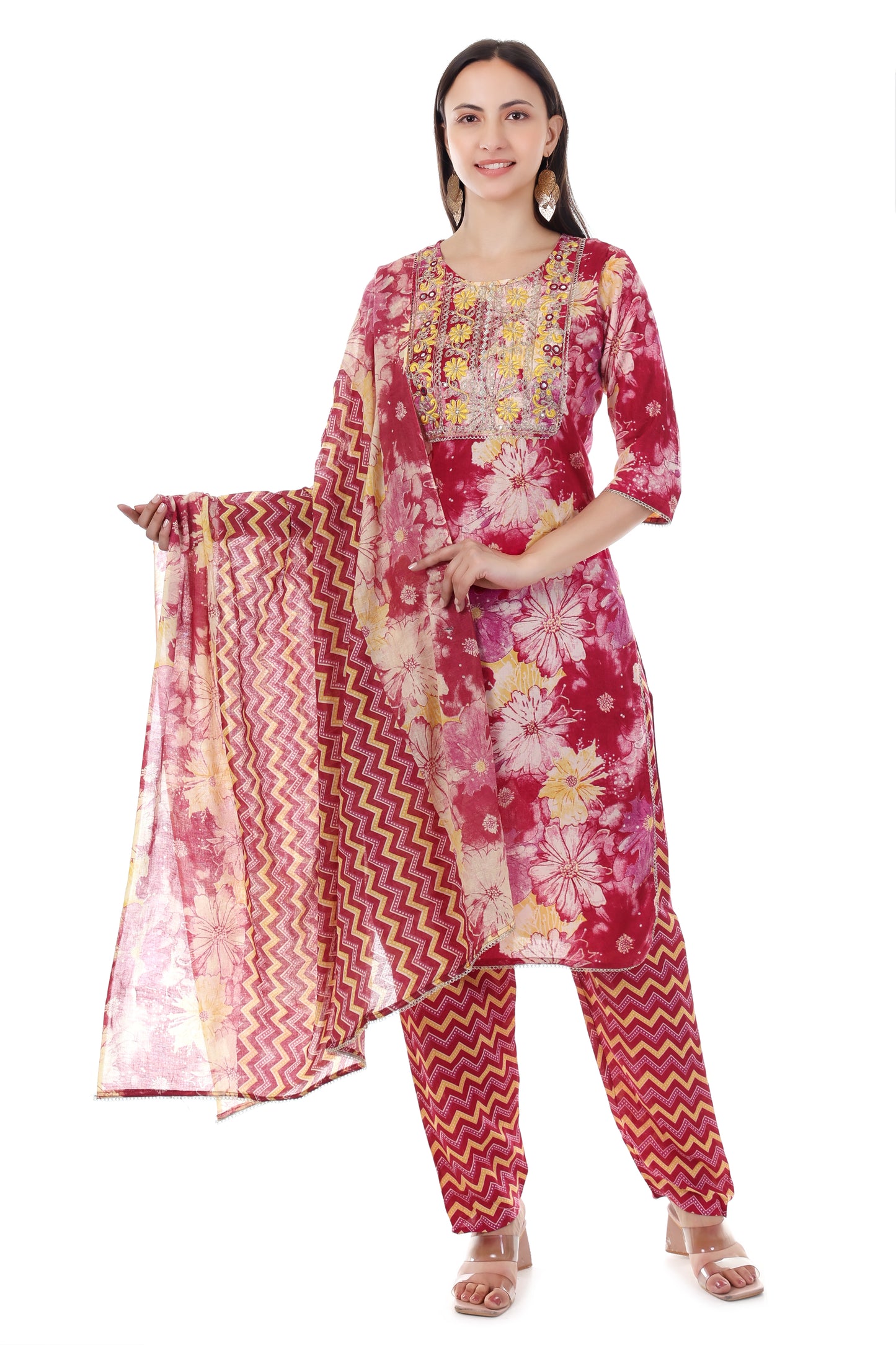 Maroon printed kurta with a pants and dupatta