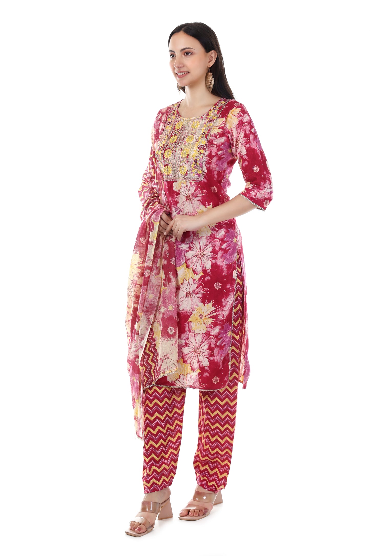 Maroon printed kurta with a pants and dupatta