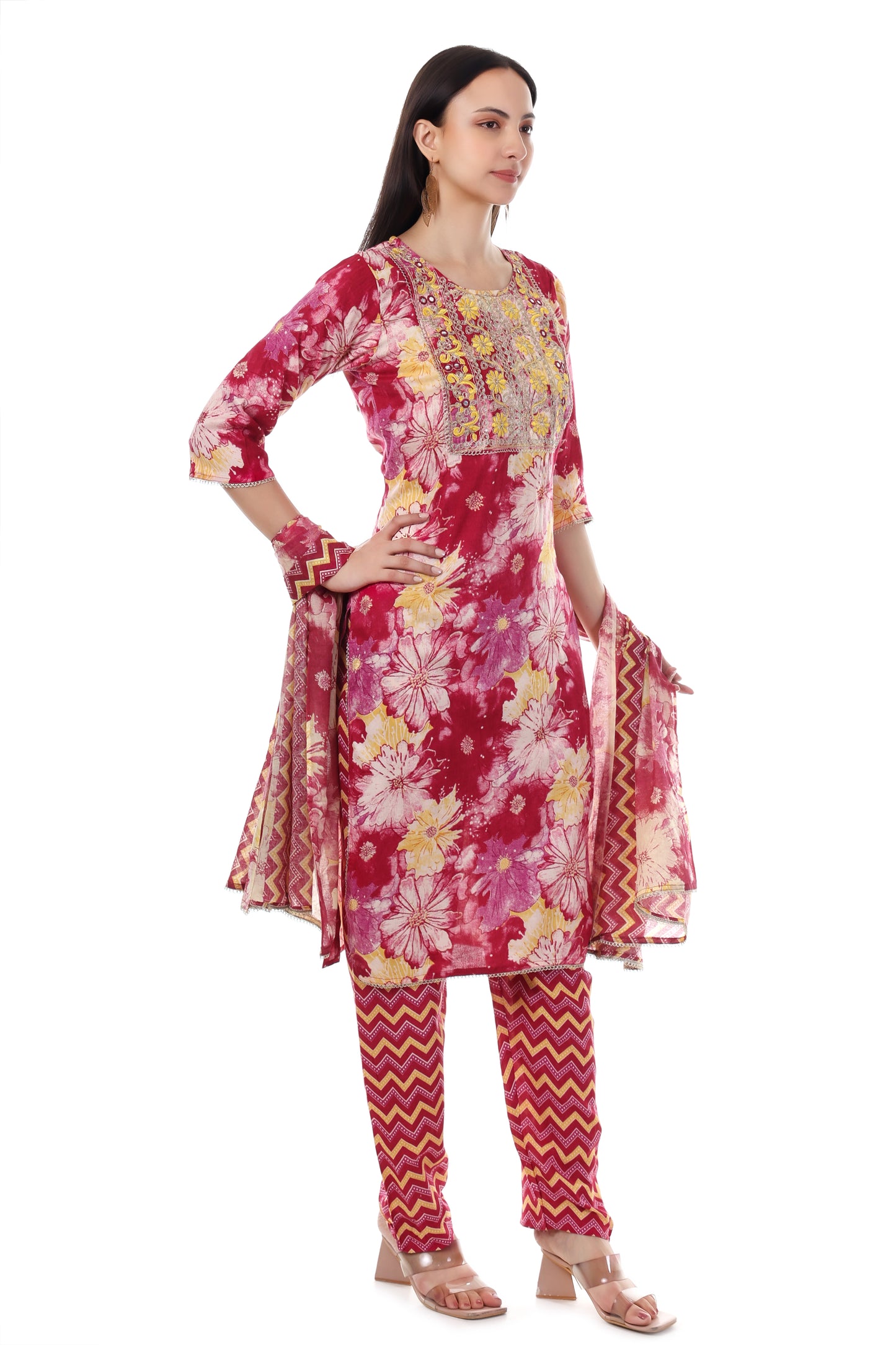 Maroon printed kurta with a pants and dupatta