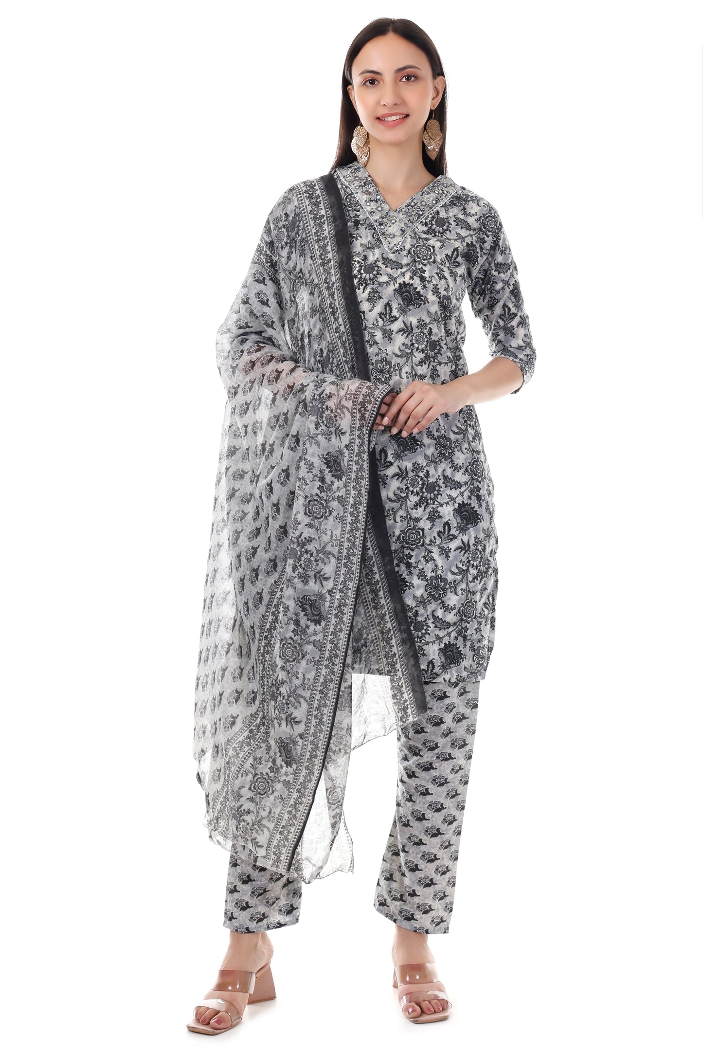 Black printed kurta with a contrasting pants and dupatta