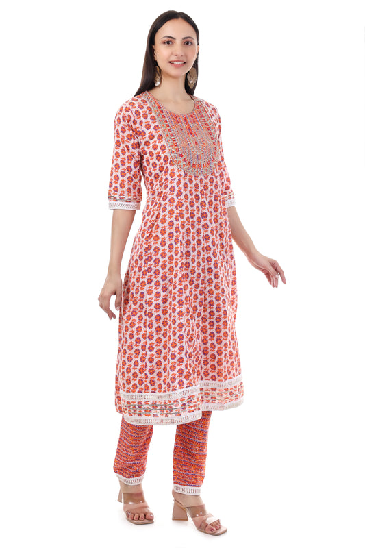 Red printed kurta with a pants and dupatta