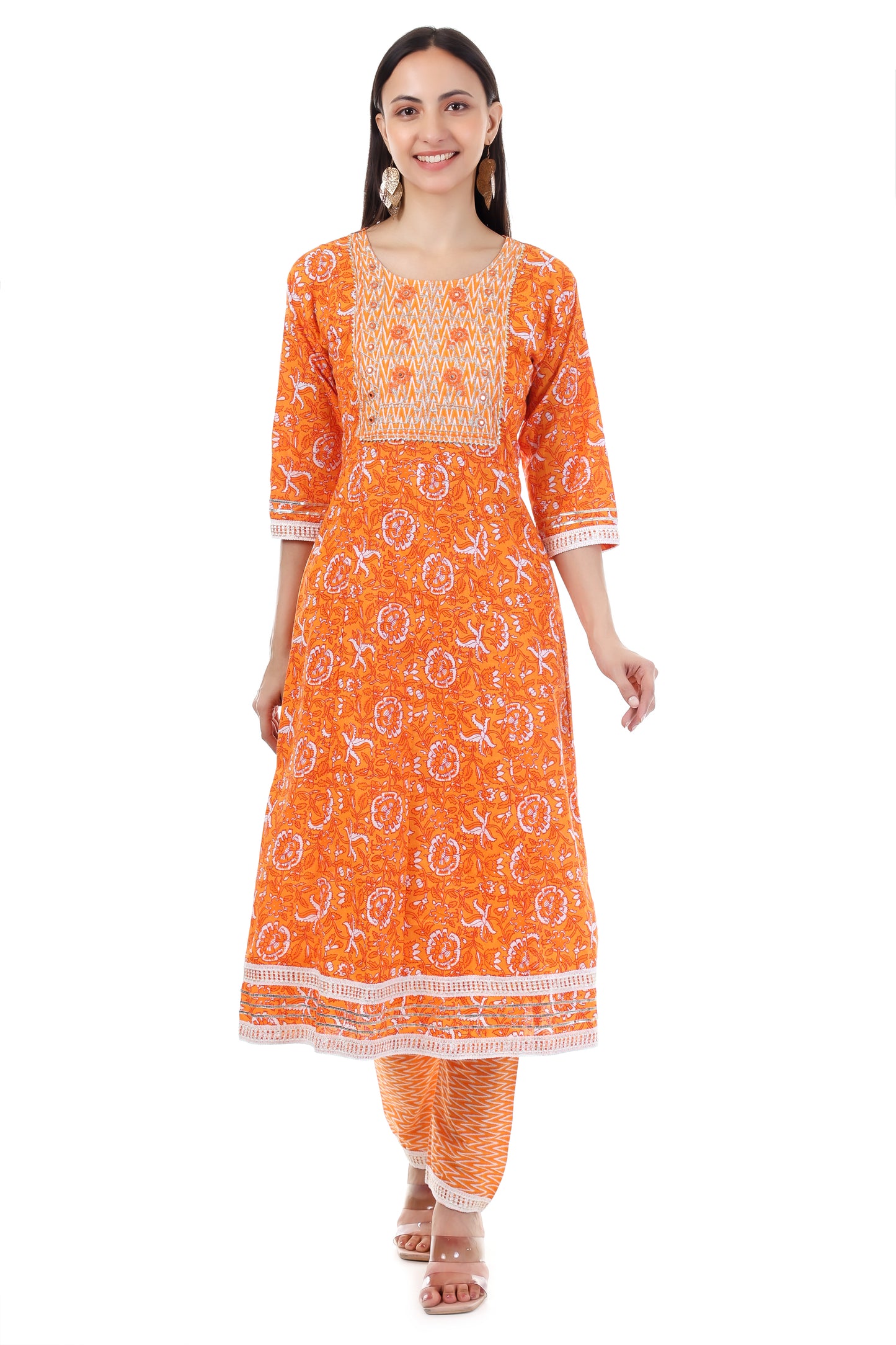Orange printed kurta with pants and dupatta