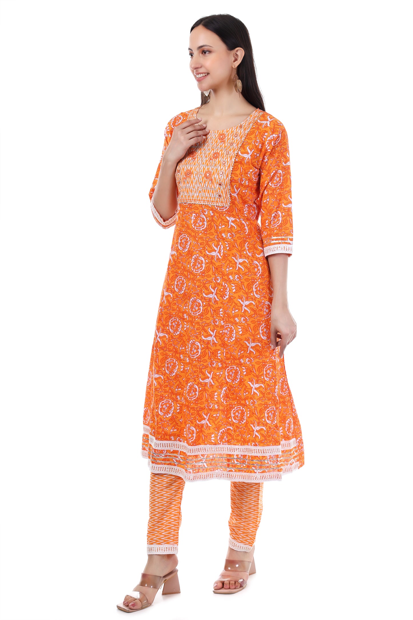 Orange printed kurta with pants and dupatta