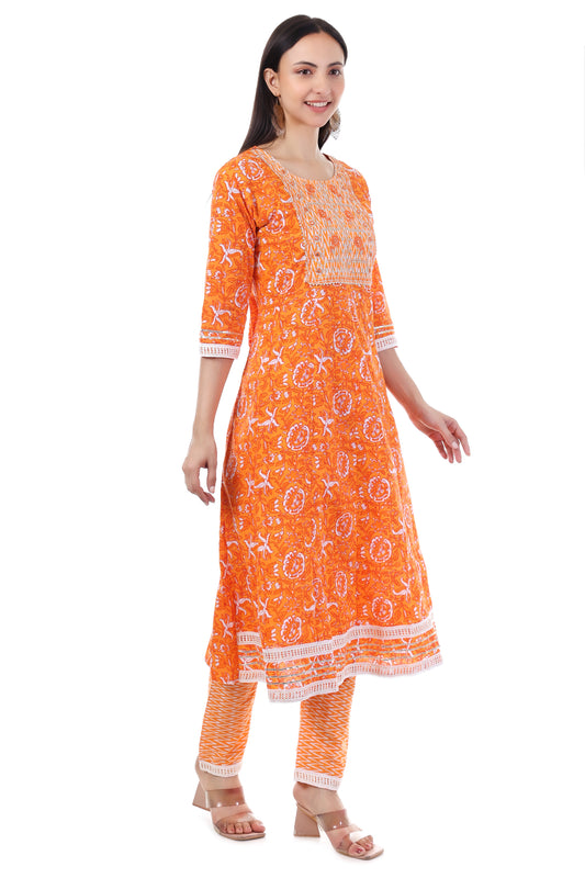 Orange printed kurta with pants and dupatta
