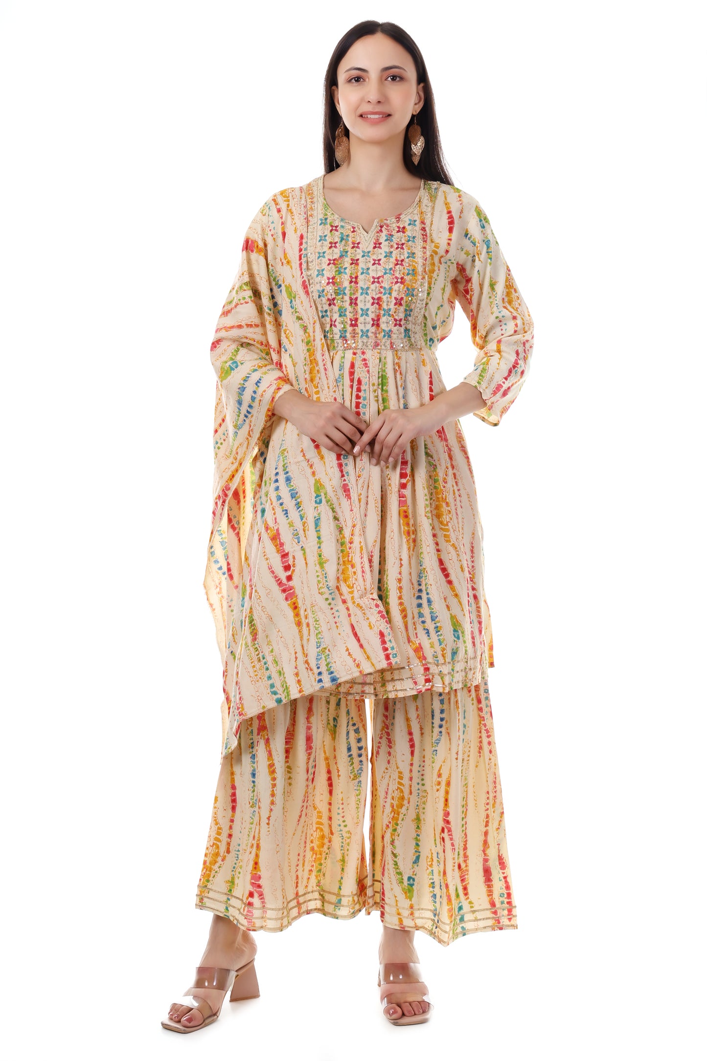 Yellowed embroidered sharara set. This set comes with a dupatta and kurta