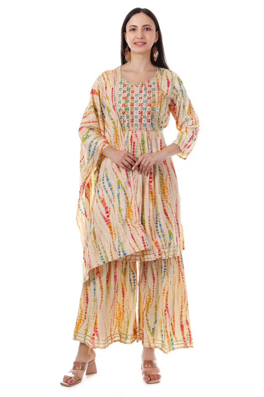 Yellowed embroidered sharara set. This set comes with a dupatta and kurta