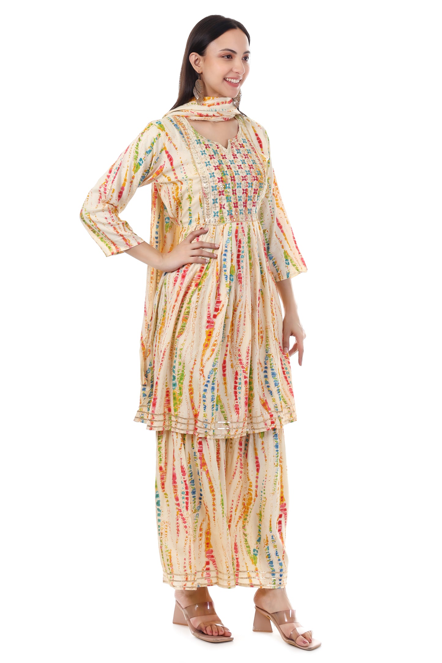 Yellowed embroidered sharara set. This set comes with a dupatta and kurta