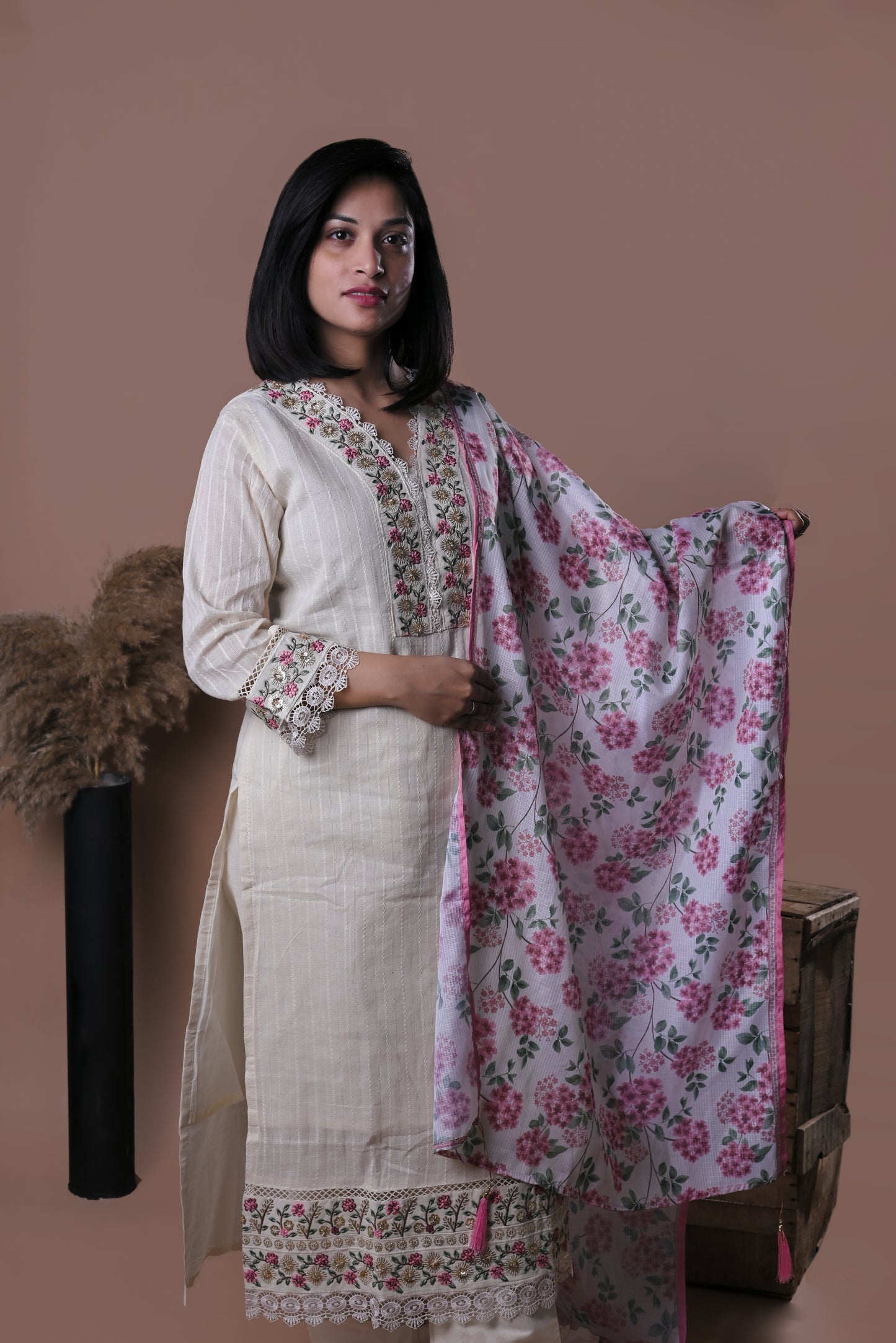 Off white cotton kurta with pants and printed dupatta
