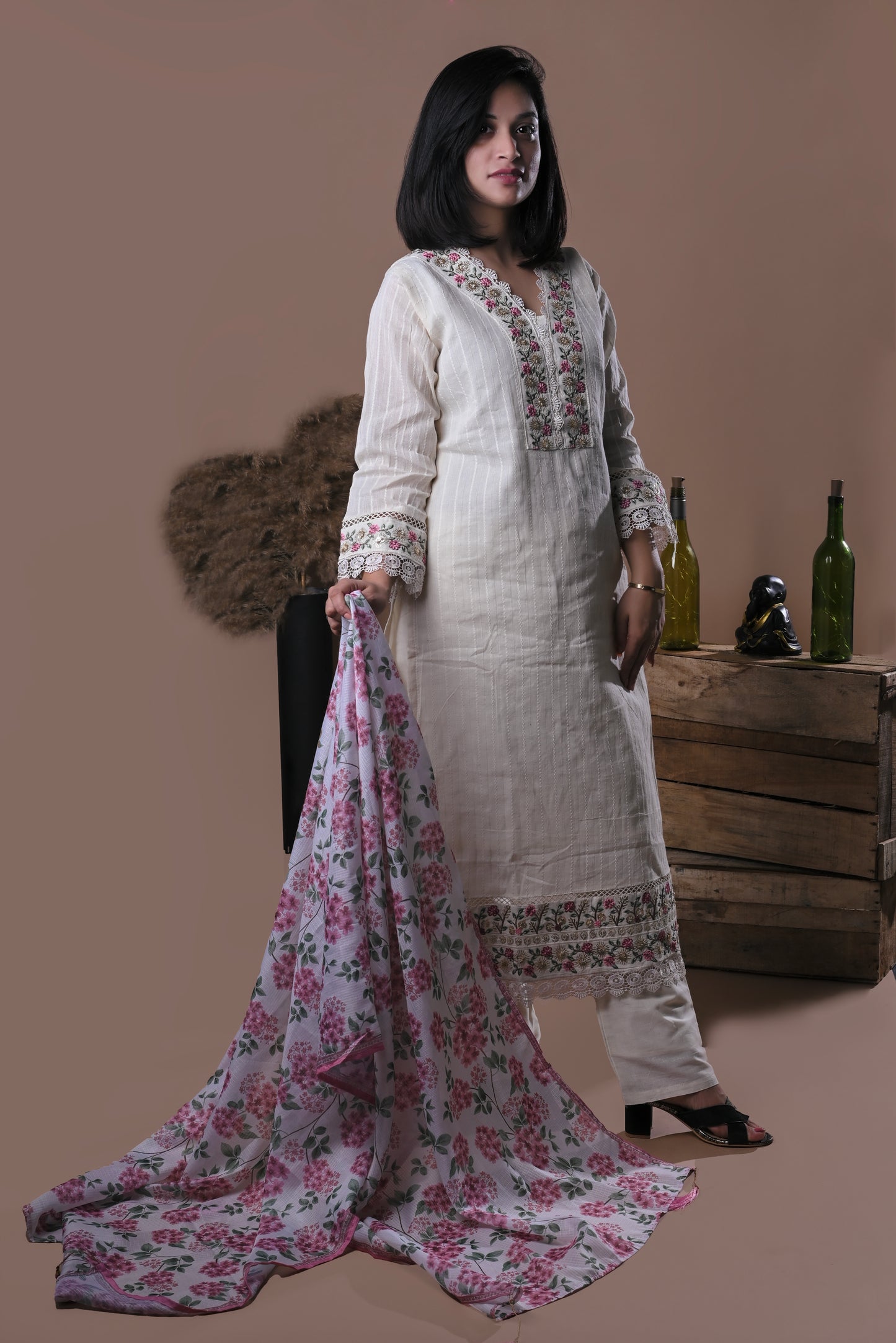 Off white cotton kurta with pants and printed dupatta
