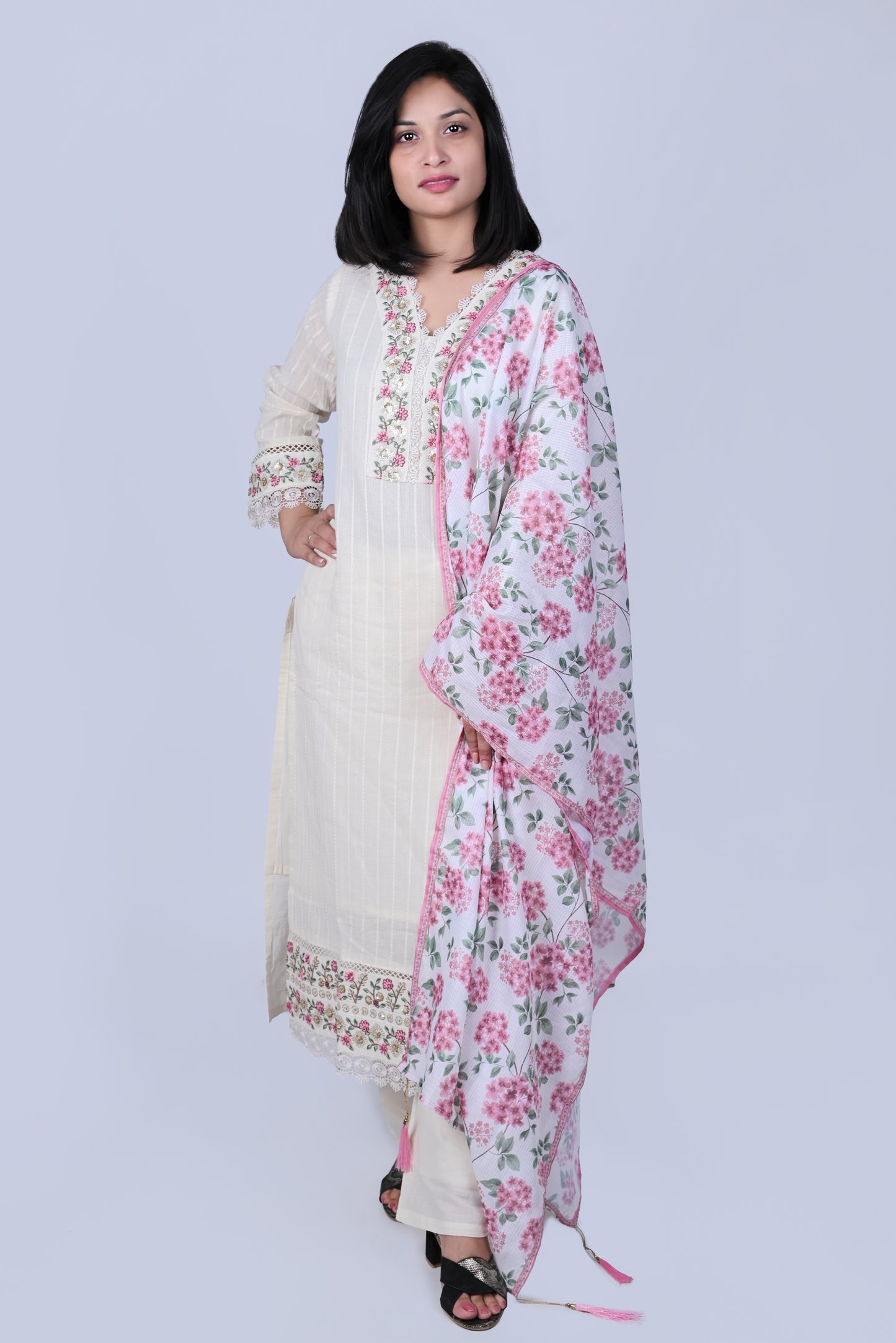 Off white cotton kurta with pants and printed dupatta