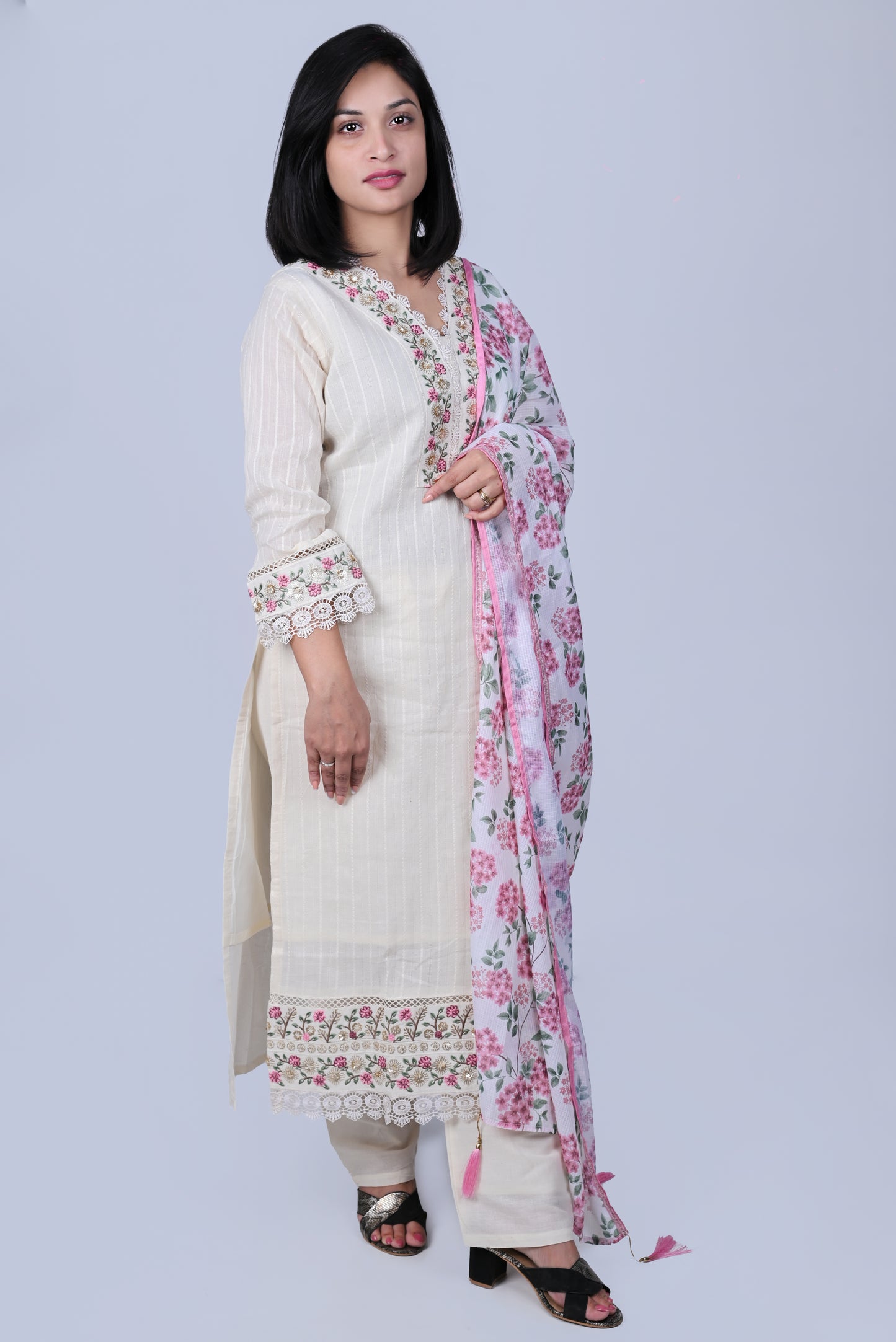 Off white cotton kurta with pants and printed dupatta