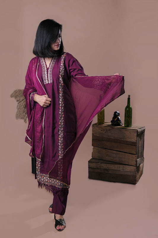 Purple embroidered kurta with pants and dupatta