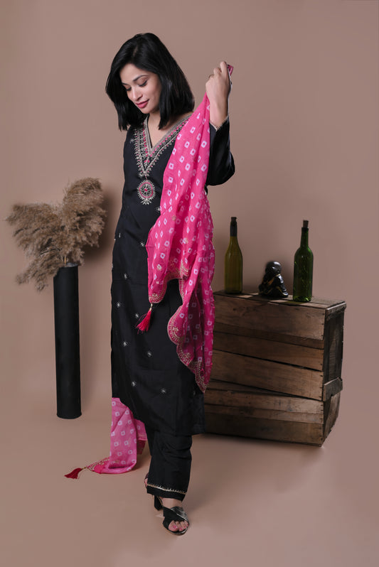 Black embroidered kurta set with pink dupatta