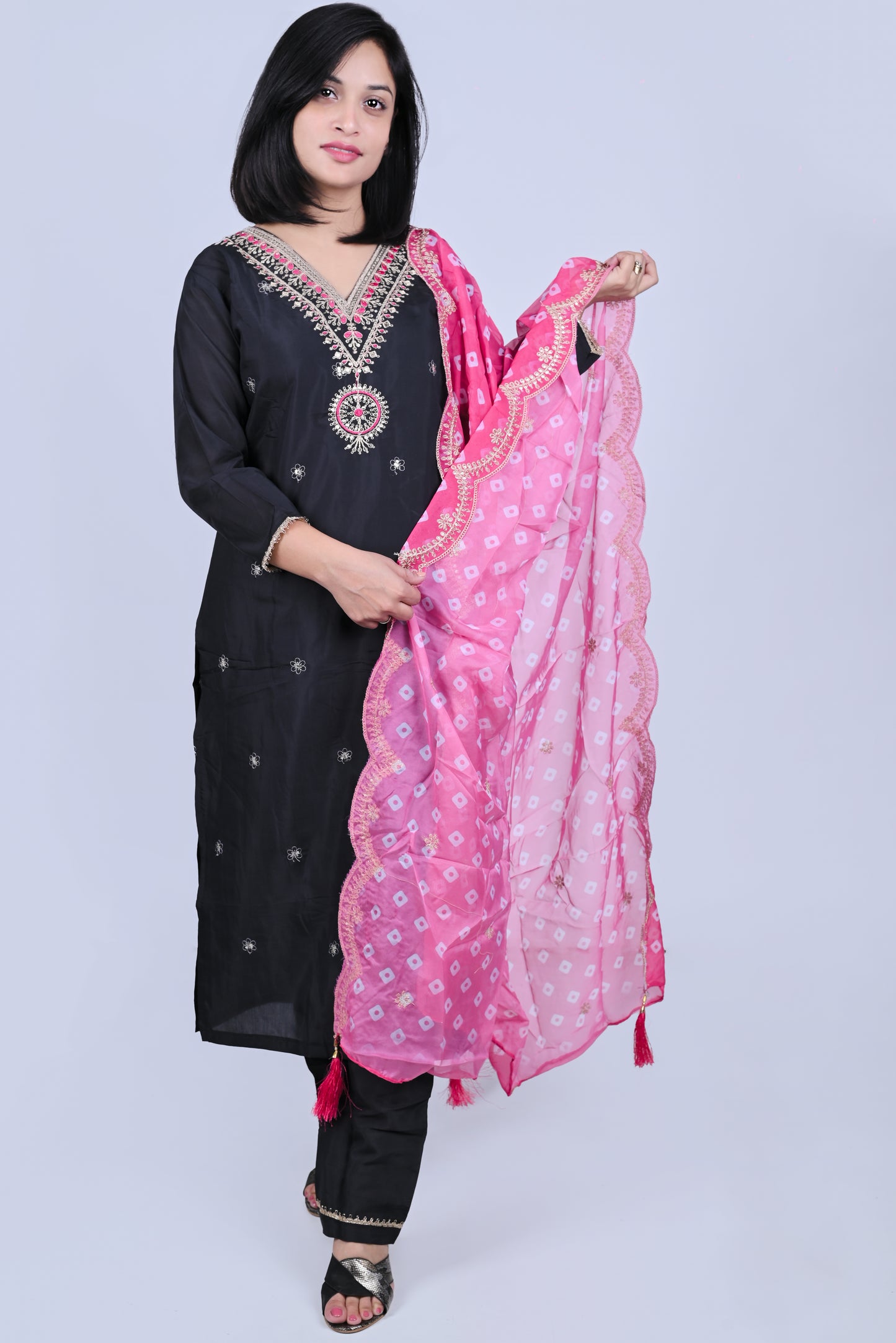 Black embroidered kurta set with pink dupatta
