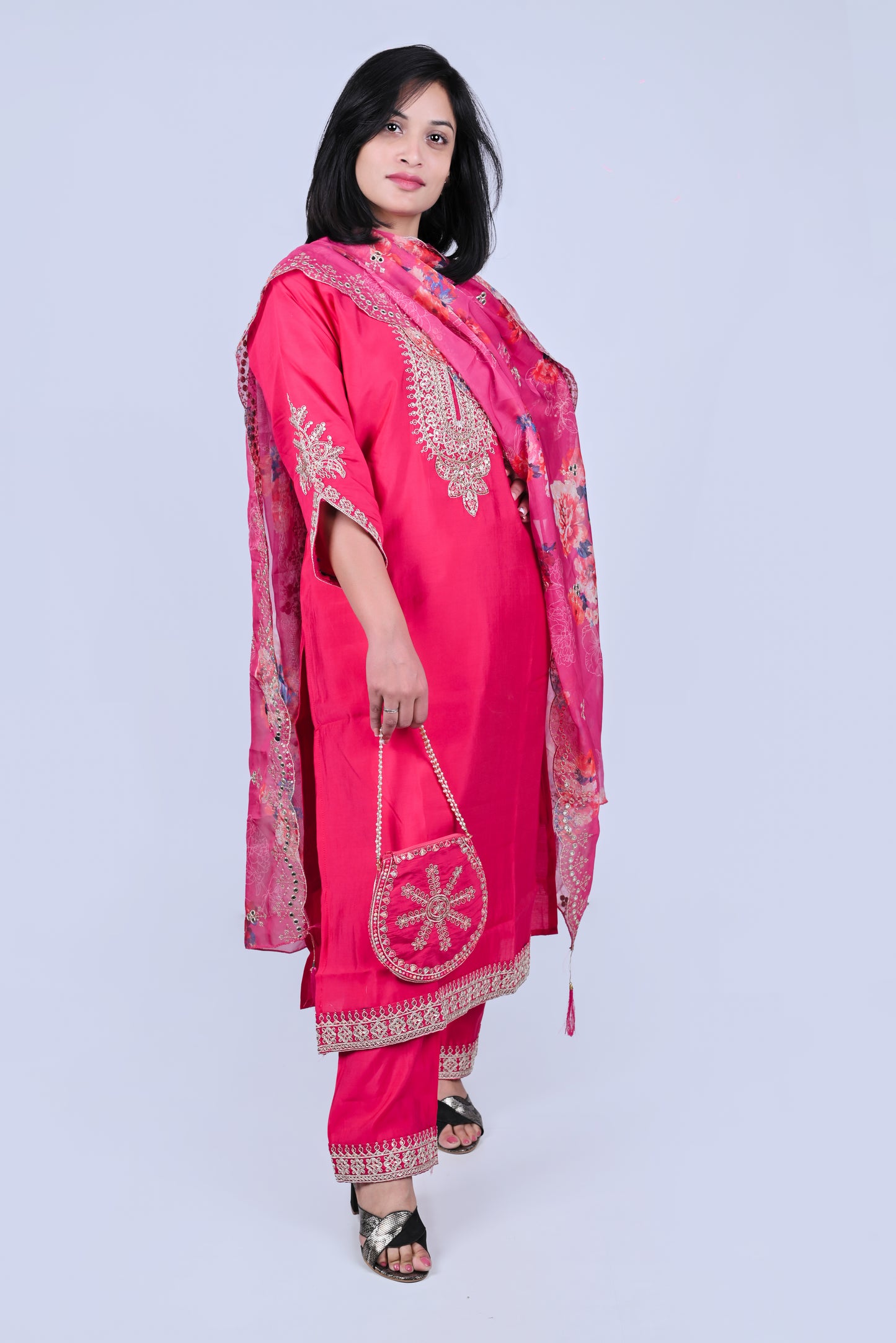 Pink embroidered kurta with pants and dupatta