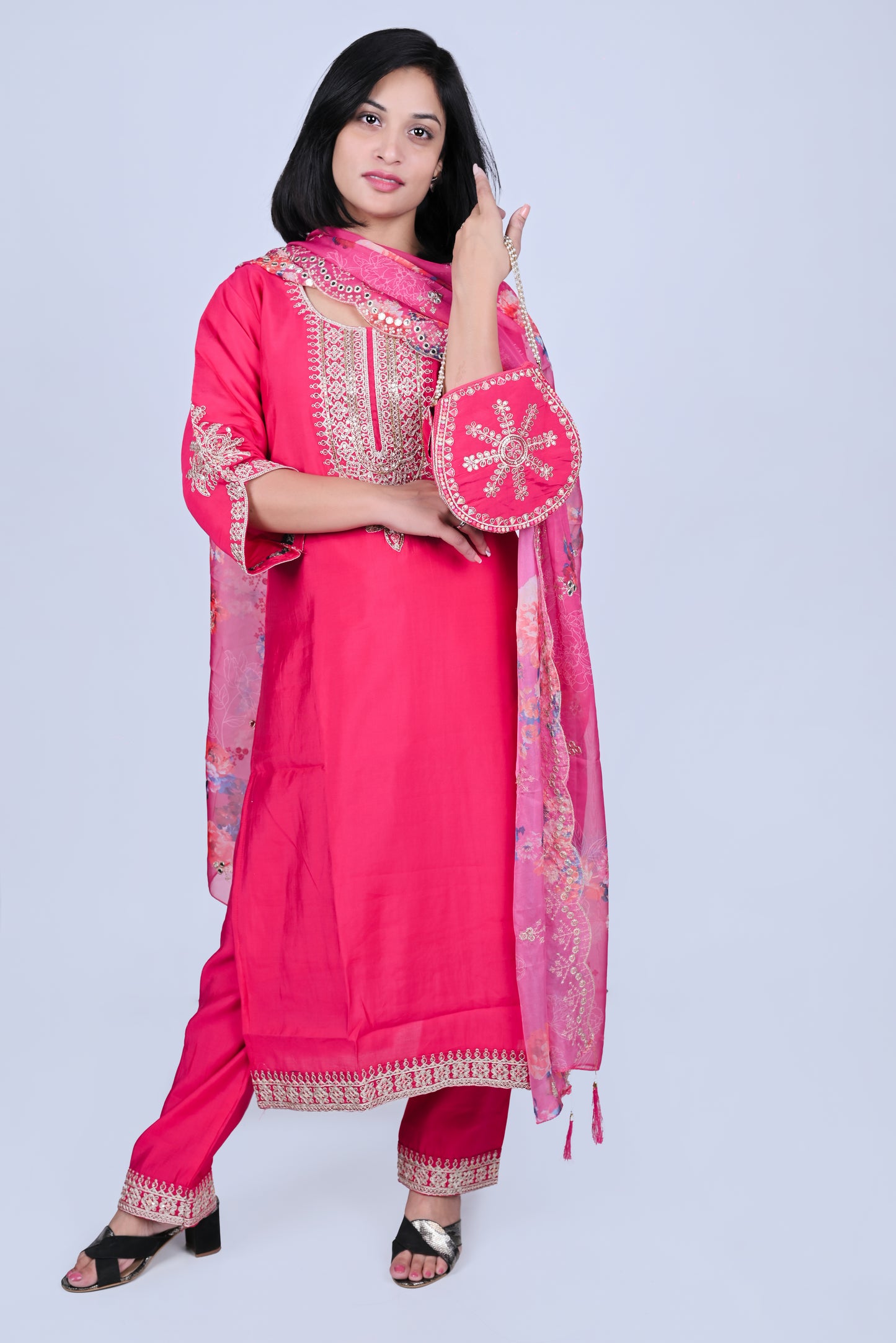 Pink embroidered kurta with pants and dupatta