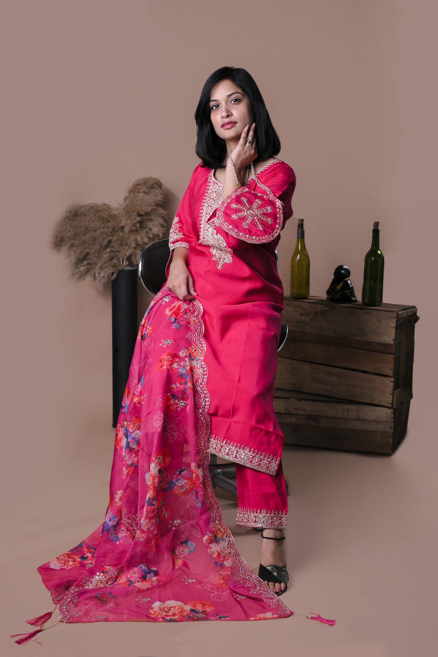 Pink embroidered kurta with pants and dupatta