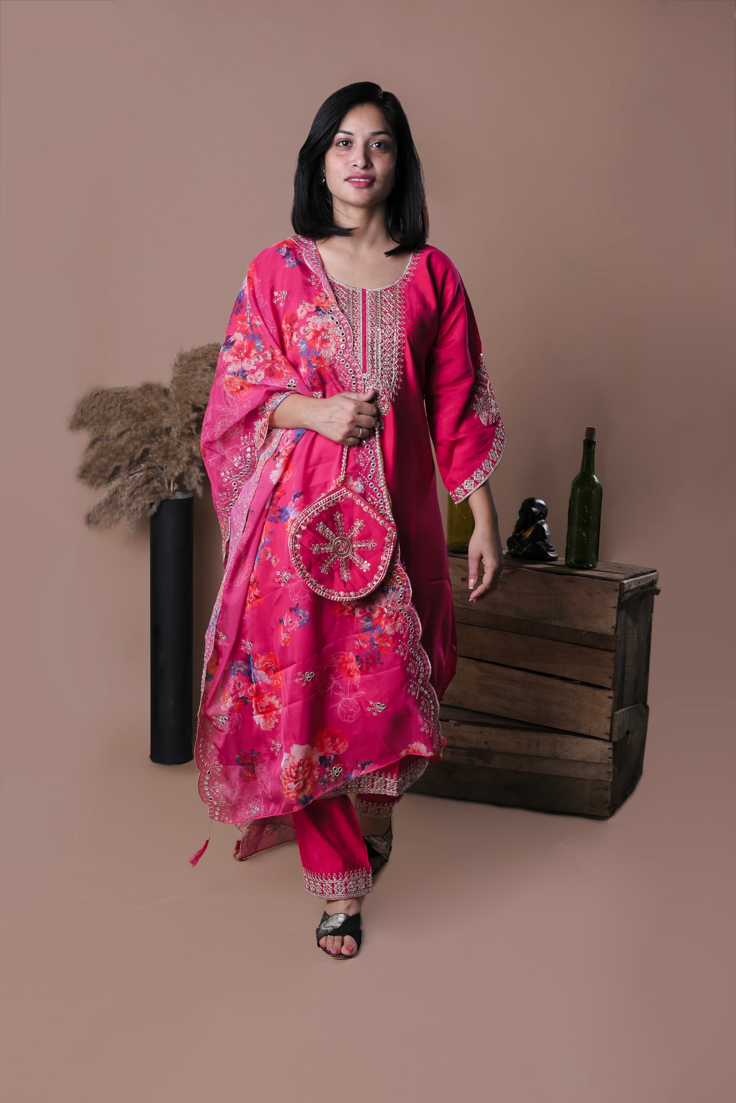 Pink embroidered kurta with pants and dupatta
