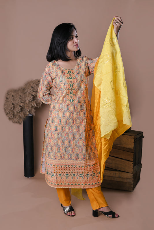 Yellow printed kurta with pants and dupatta