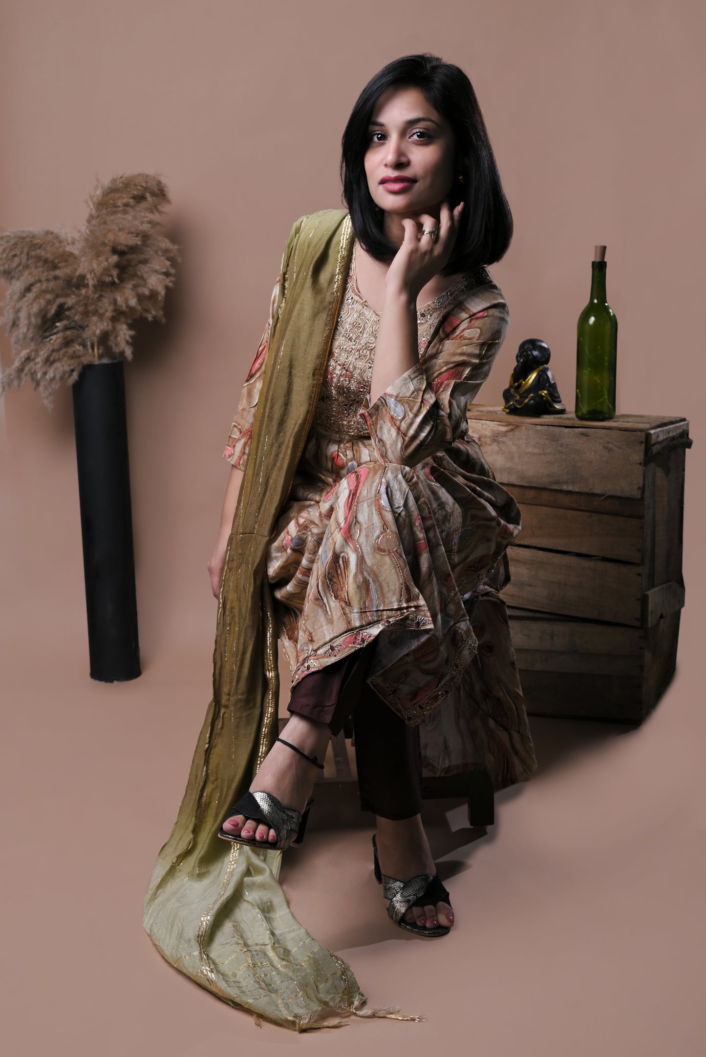 Beige printed kurta with pants and dupatta
