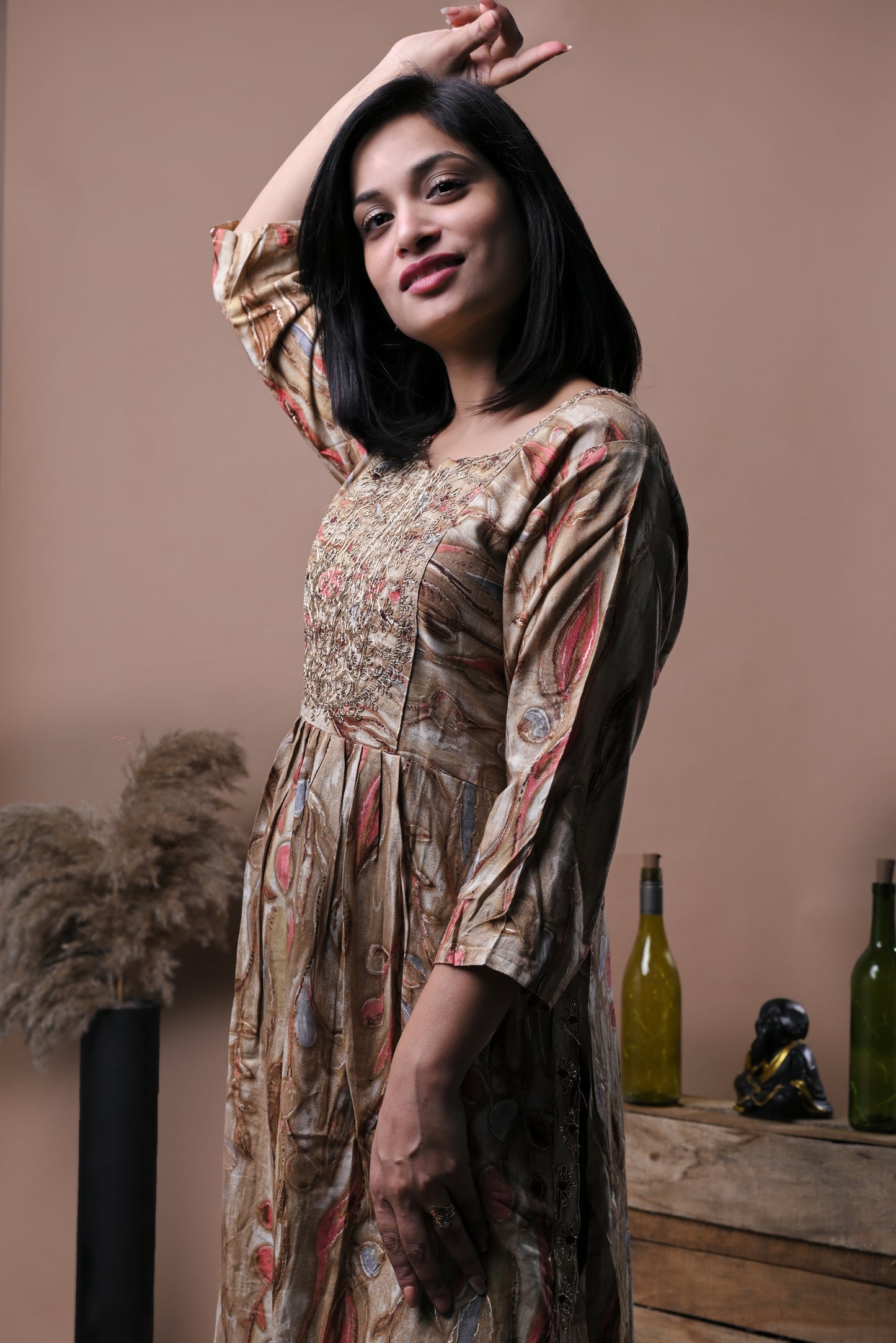 Beige printed kurta with pants and dupatta